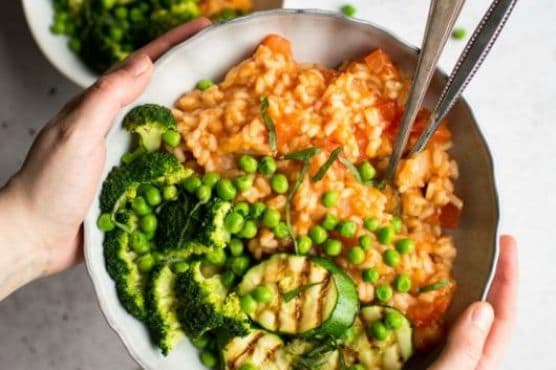 Fresh Tomato Risotto with Grilled Green Vegetables recipe