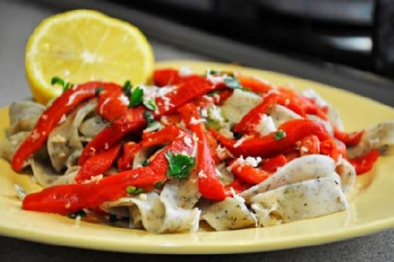 Basil Tagliatelle with Roasted Red Bell Pepper Salad recipe