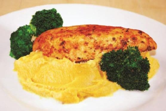 Herb chicken with sweet potato mash and sautéed broccoli recipe