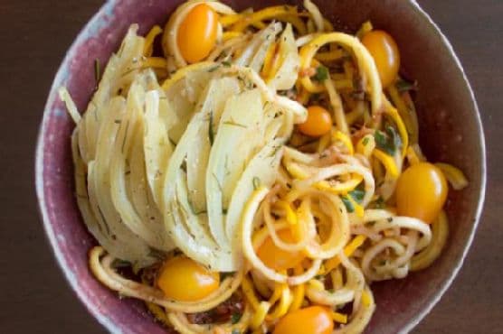 Yellow Squash Noodles with Tomato Basil Sauce recipe