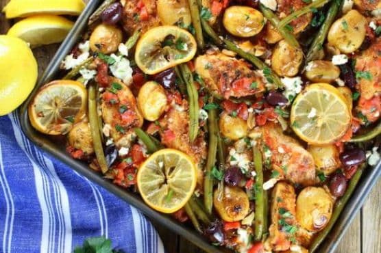 Greek Chicken Sheet Pan Dinner with Green Beans and Feta recipe